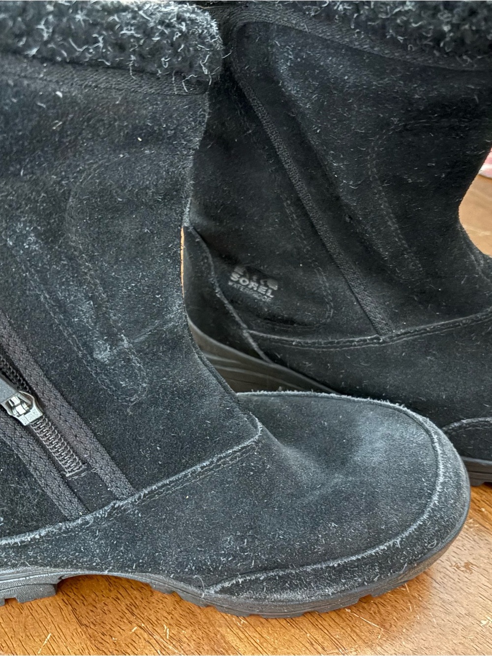 Sorel Black Suede Winter Zip Boots